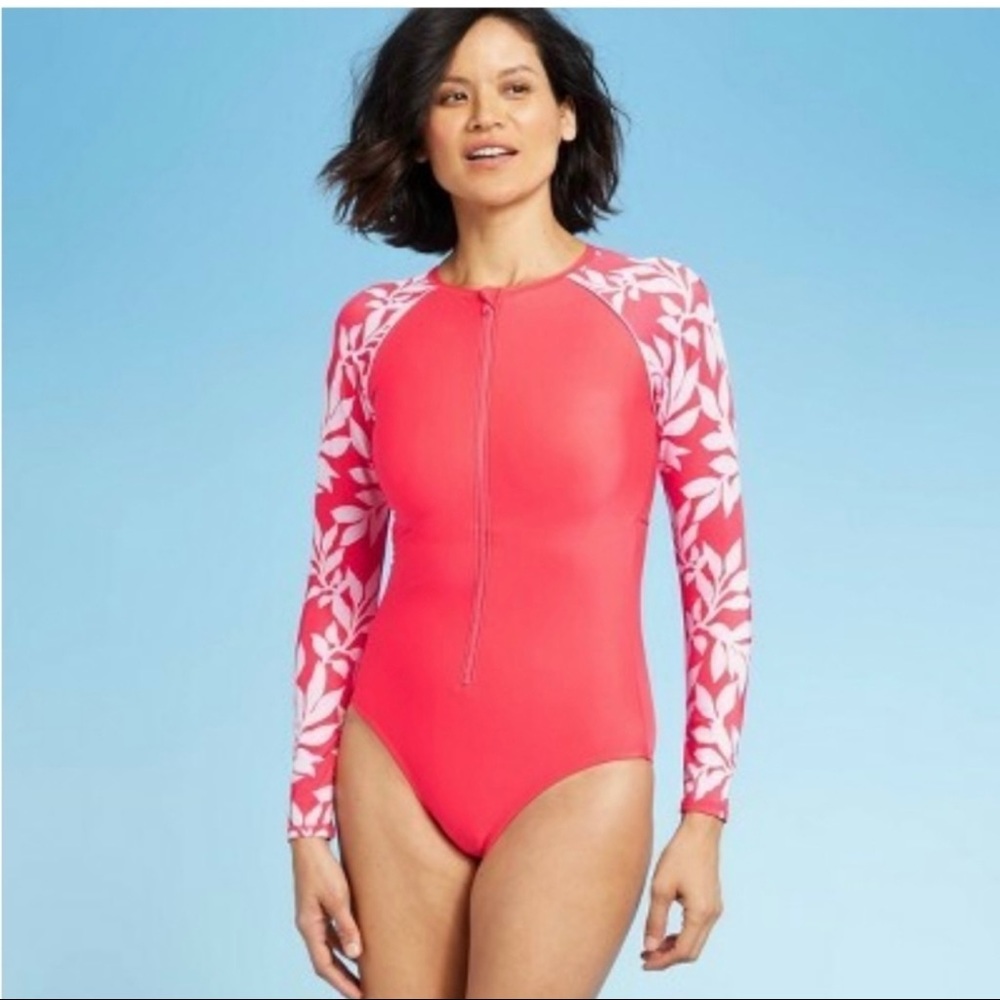 All In Motion Coral Red One Piece Open-Back Long Sleeve Swimsuit